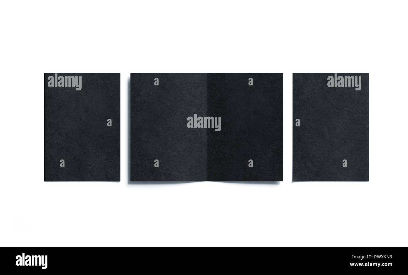 Deux vide noir brochure A5 pliée des maquettes, ouvert et fermé, l'avant et l'arrière, vue du dessus, rendu 3d. Double sombre plaine les maquettes de brochures set est Banque D'Images
