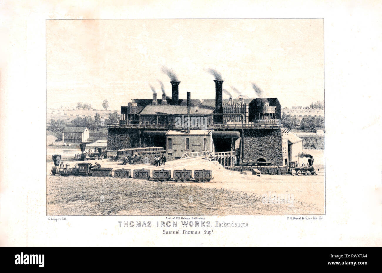 Imprimer présente une vue de l'Thomas Iron Works à Hockendauqua, Lehigh Comté, New York, avec l'entretien de l'installation trois chemins Banque D'Images