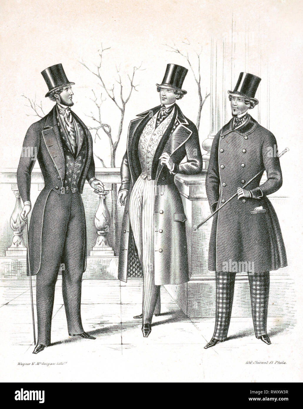 Imprimer montre une publicité pour hommes Vêtements montrant trois hommes à la mode avec haut de forme et des cannes ca. 1846-1858 Banque D'Images