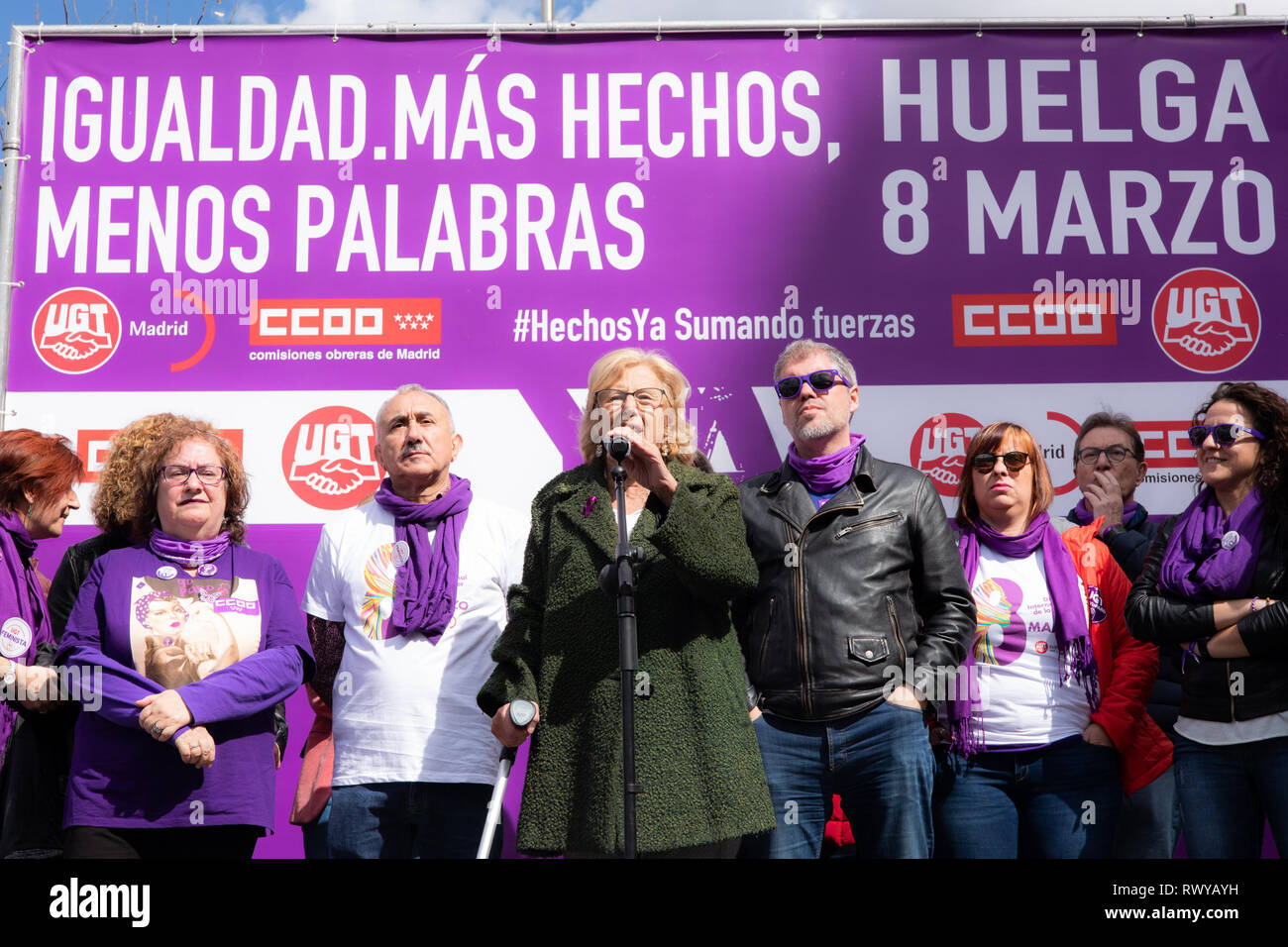 Madrid, Espagne. 05Th Mar, 2019. Le maire de Madrid, Manuela Carmena, parlant au sujet des droits des femmes au travail dans la Cibeles sur la Journée internationale de la femme. Credit : Jesús Encarna/Alamy Live News Banque D'Images