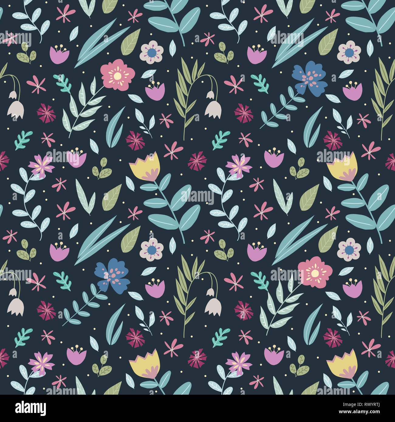 Floral design rétro tendance transparente avec beaucoup de différentes fleurs et feuilles stylisées de couleur sur fond sombre Banque D'Images