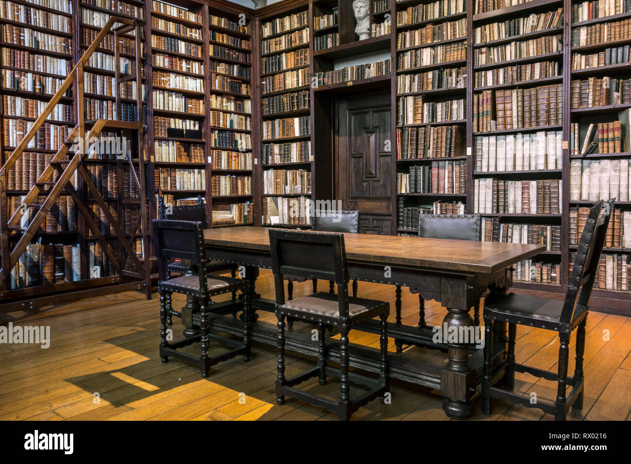 Étagères avec de vieux livres dans la petite bibliothèque à le Musée Plantin-Moretus / Plantin-Moretusmuseum sur les imprimantes du 16ème siècle, Anvers, Belgique Banque D'Images