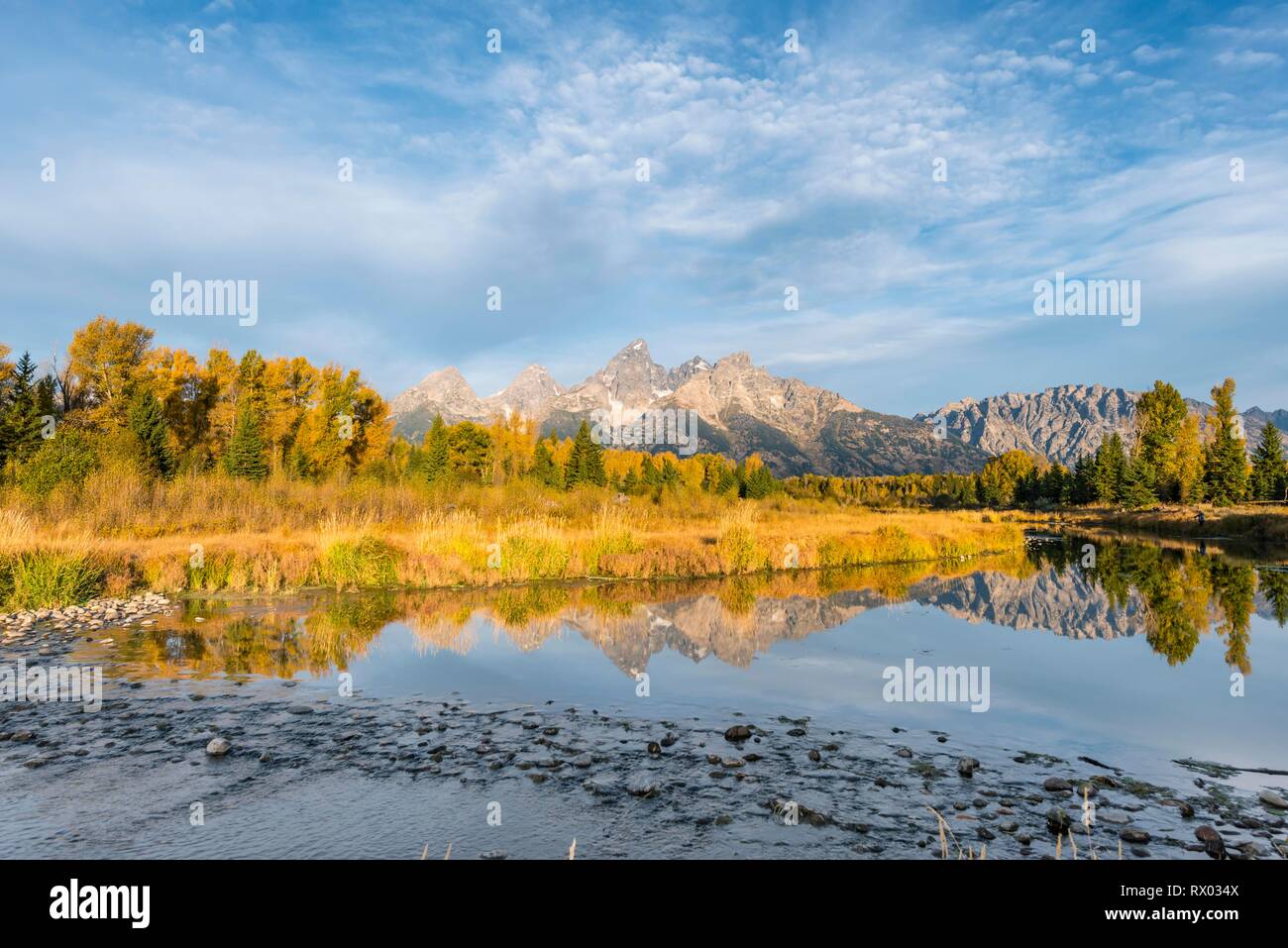 Paysage d'automne avec Grand Teton Range gamme de montagne, qui se reflète dans la rivière, fleuve de serpent, Parc National de Grand Teton, Wyoming Banque D'Images