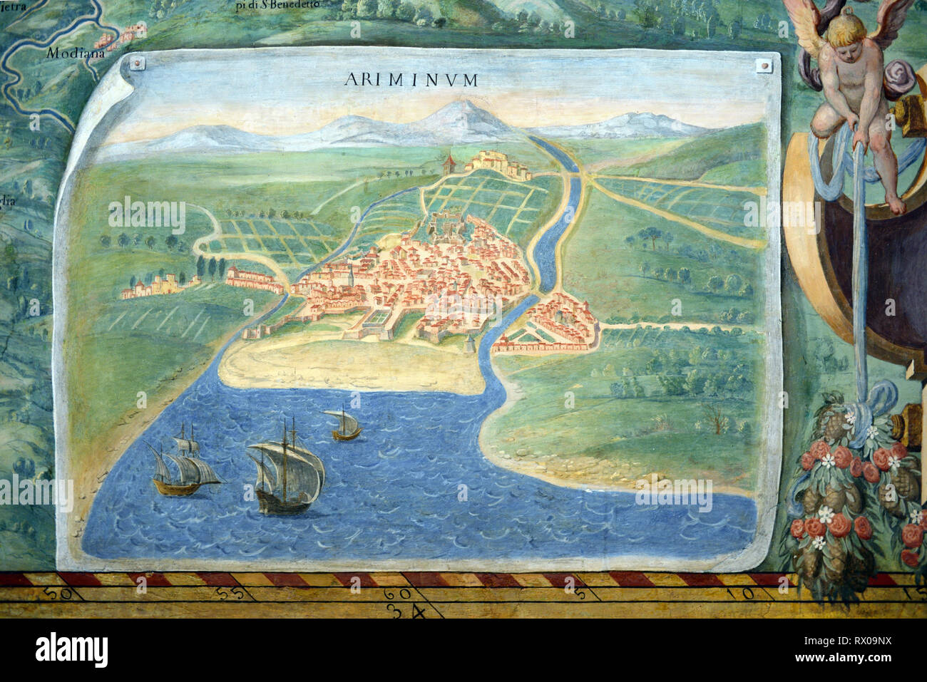 Plan de la ville ou carte ancienne de Rimini, Italie. Fresque Peinture murale ou dans la galerie des cartes (1580-83) basé sur des dessins d'Ignazio Danti Musées du Vatican Banque D'Images