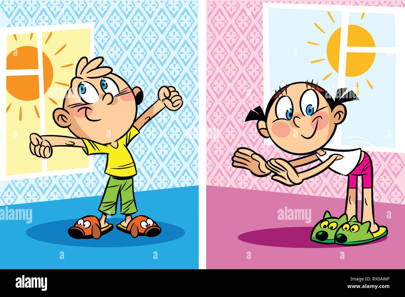 L'illustration montre un garçon et une fille qui n'exercices du matin dans la chambre. En fait l'illustration cartoon style, sur des calques distincts. Illustration de Vecteur
