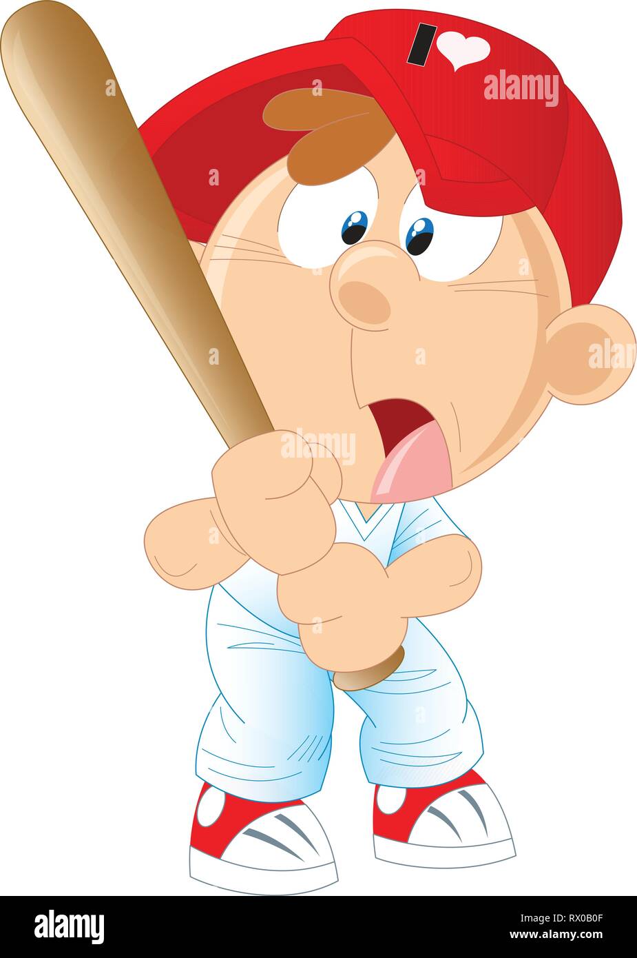 Dans l'illustration vectorielle un cartoon boy joue au baseball, il oscille d'une chauve-souris. Isolé sur fond blanc Illustration de Vecteur