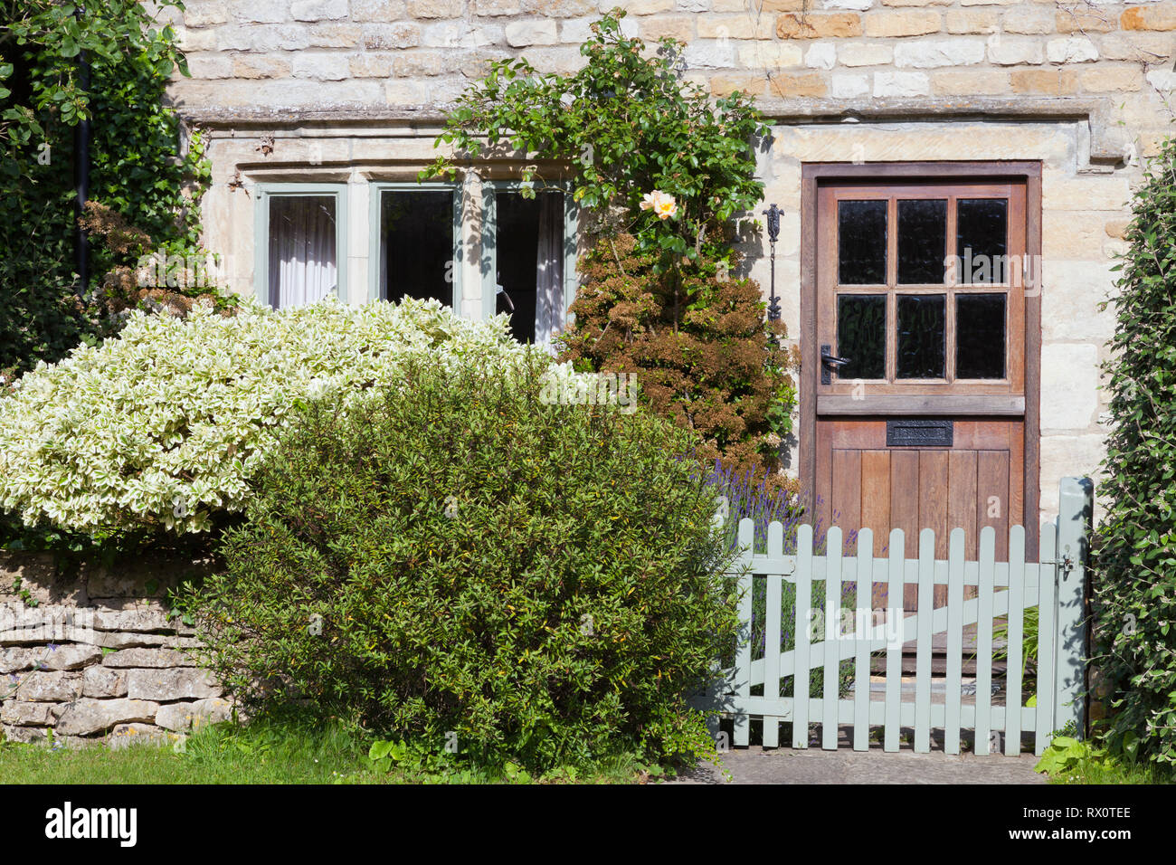 Portes brun foncé dans une vieille maison en pierre de chaux traditionnel anglais avec des arbustes dans un petit jardin fermé par une clôture en pierre sèche, barrière en bois . Banque D'Images