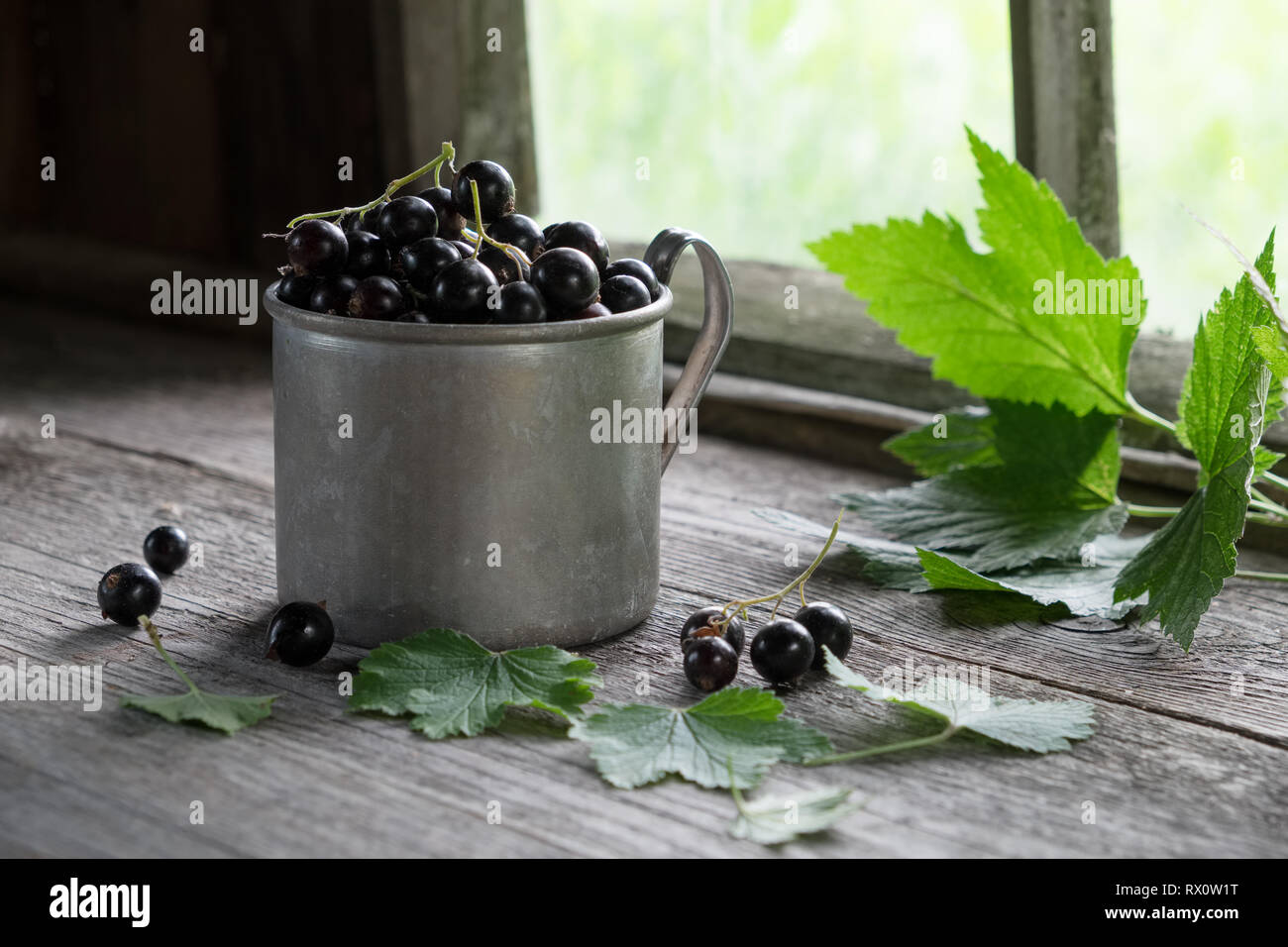 Vintage mug plein de baies de cassis sur table en bois rustique. Banque D'Images