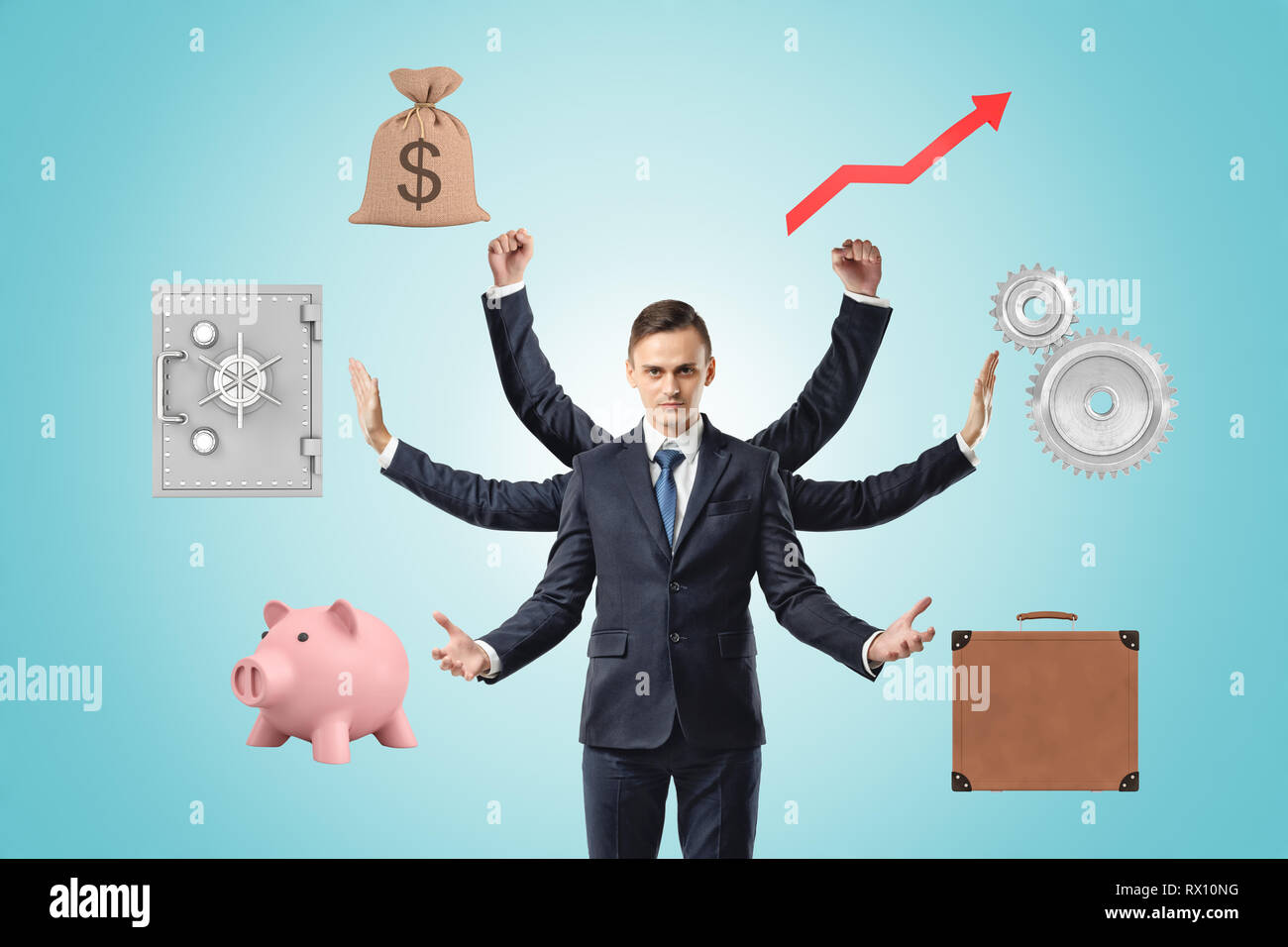 Un jeune homme ressemblant à Shiva en raison de quatre bras supplémentaires, à jongler avec les différents objets liés aux entreprises tels que l'argent tirelire, sac, etc. Banque D'Images