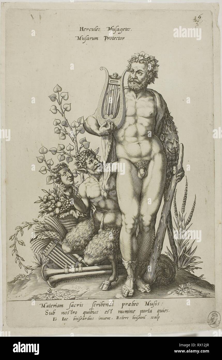 Hercules, plat 16 de Parnassus biceps. Robert Boissard (français), ch. 1570-après 1597) ; après Jean-Jacques Boissard (Français, 1533-1598). Date : 1601. Dimensions : 251 × 180 mm (image) ; 274 × 180 mm (plaque) ; 285 × 189 mm (feuille). Gravure en noir sur papier vergé ivoire. Origine : Francfort-sur-Oder. Musée : le Chicago Art Institute. Banque D'Images