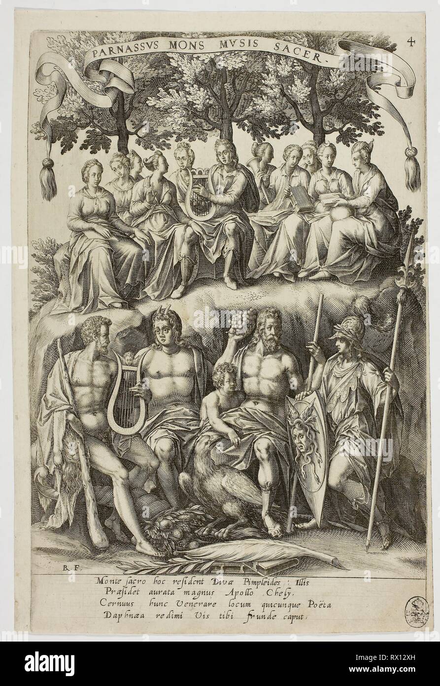 Parnasse, planche 4 de Parnassus biceps. Robert Boissard (français), ch. 1570-après 1597) ; après Jean-Jacques Boissard (Français, 1533-1598). Date : 1601. Dimensions : 246 × 180 mm (image) ; 271 × 180 mm (plaque) ; 280 × 187 mm (feuille). Gravure en noir sur papier vergé ivoire. Origine : Francfort-sur-Oder. Musée : le Chicago Art Institute. Banque D'Images