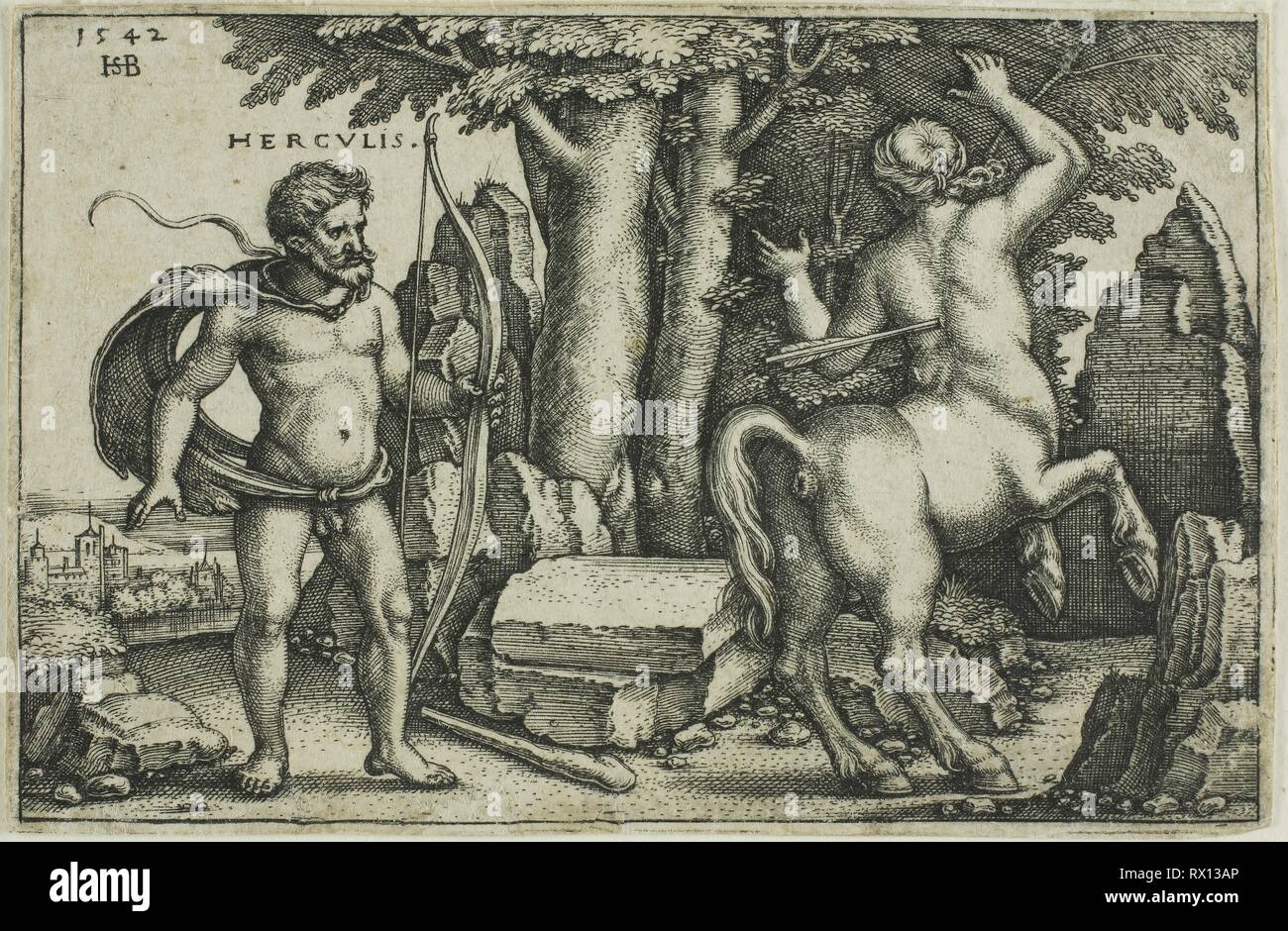 Hercules et Nessus, de les travaux d'Hercule. Sebald Beham, allemand, 1500-1550. Date : 1542. Dimensions : 50 x 78 mm (image/plaque) ; 52 x 79 mm (feuille). Gravure en noir sur papier vergé ivoire. Origine : Allemagne. Musée : le Chicago Art Institute. Auteur : Hans Sebald Beham. Banque D'Images