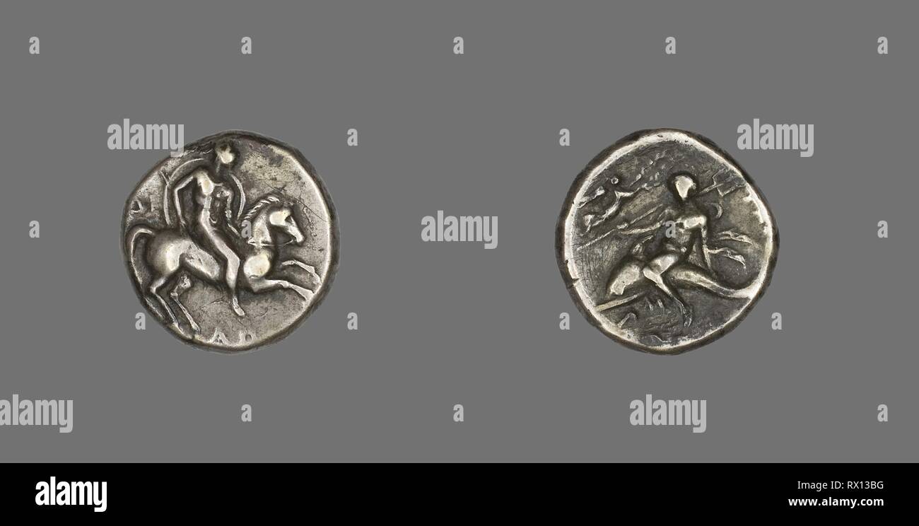 Stater (Coin) illustrant cavalier. Le Grec, frappées en Tarente, Calabre, Italie. Date : 272 BC-235 BC. Dimensions : diam. 2 cm ; 6,24 g. L'argent. Origine : Taranto. Musée : le Chicago Art Institute. Auteur : grec ancien. Banque D'Images