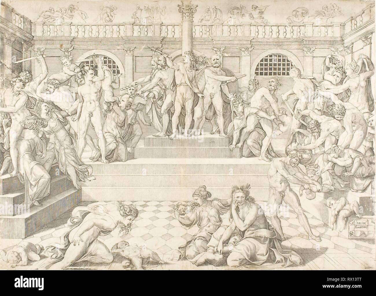 Le Massacre des Innocents. Marco Dente da Ravenna (Italien, actif 1515-1527) ; après Baccio Bandinelli (italien, 1488-1560). Date : 1408-1560. Dimensions : 412 x 574 mm. Gravure sur papier. Origine : Italie. Musée : le Chicago Art Institute. Banque D'Images