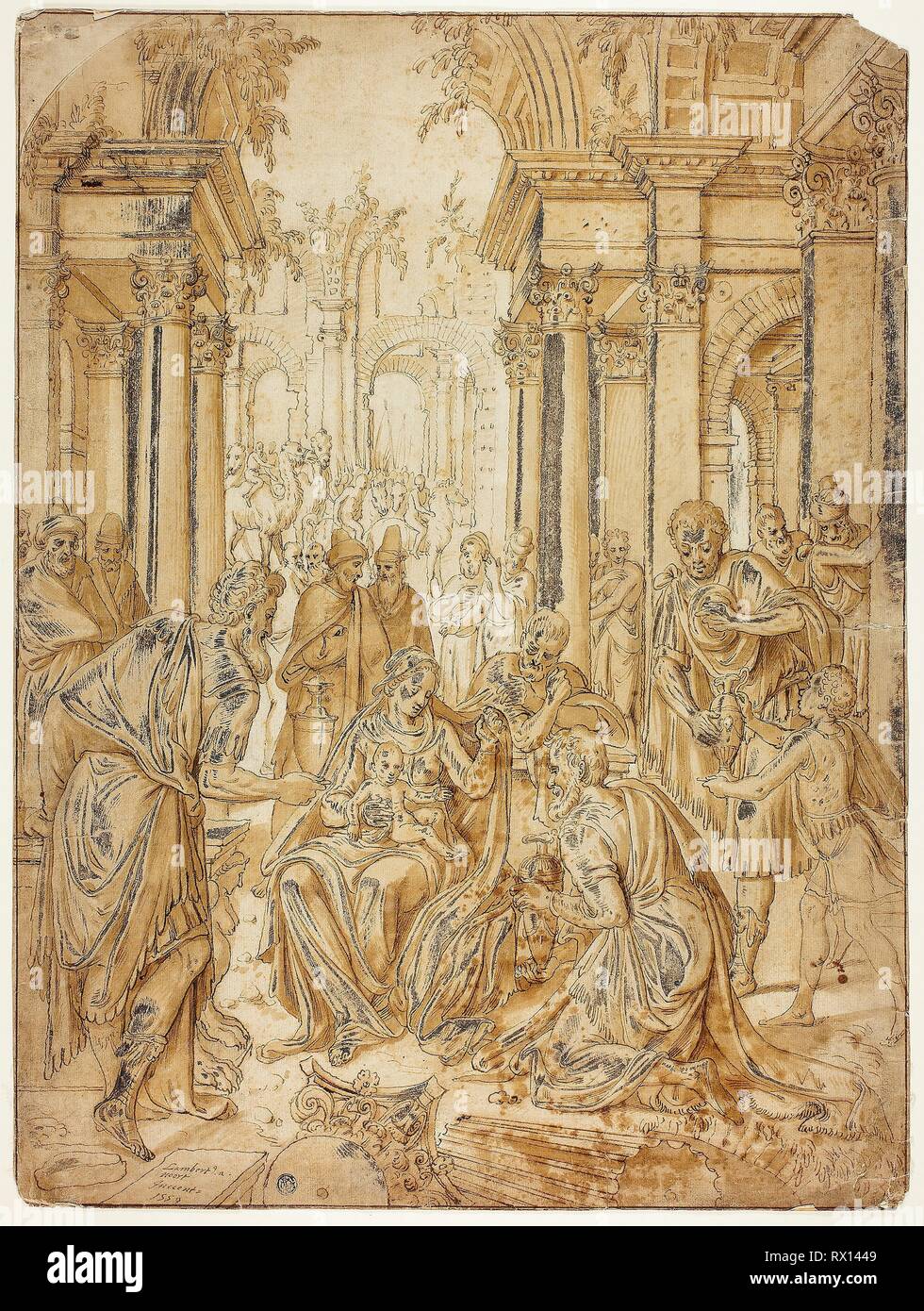 Adoration des Mages. Lambert van Noort, Russisch ; 1520-1571. Date : 1559. Dimensions : 578 x 435 mm. Plume et encre brune, pinceau et lavis avec de l'emploi, avec le blanc de plomb (décolorée), plus de traces de craie noire sur papier vergé chamois. Origine : Pays-Bas. Musée : le Chicago Art Institute. Banque D'Images