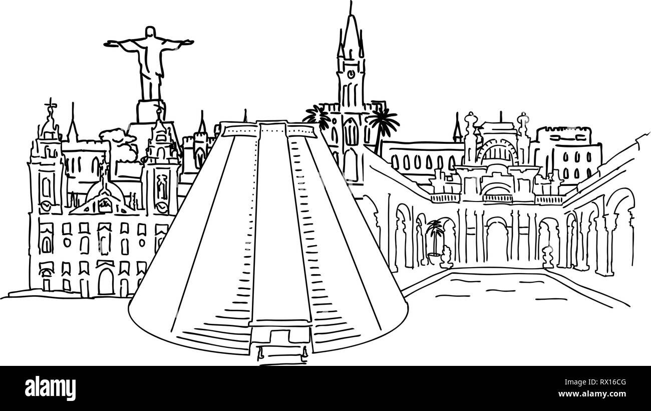 Monument de croquis de Rio de Janeiro . Les contours des dessins vectoriels haute qualité. Illustration de Vecteur