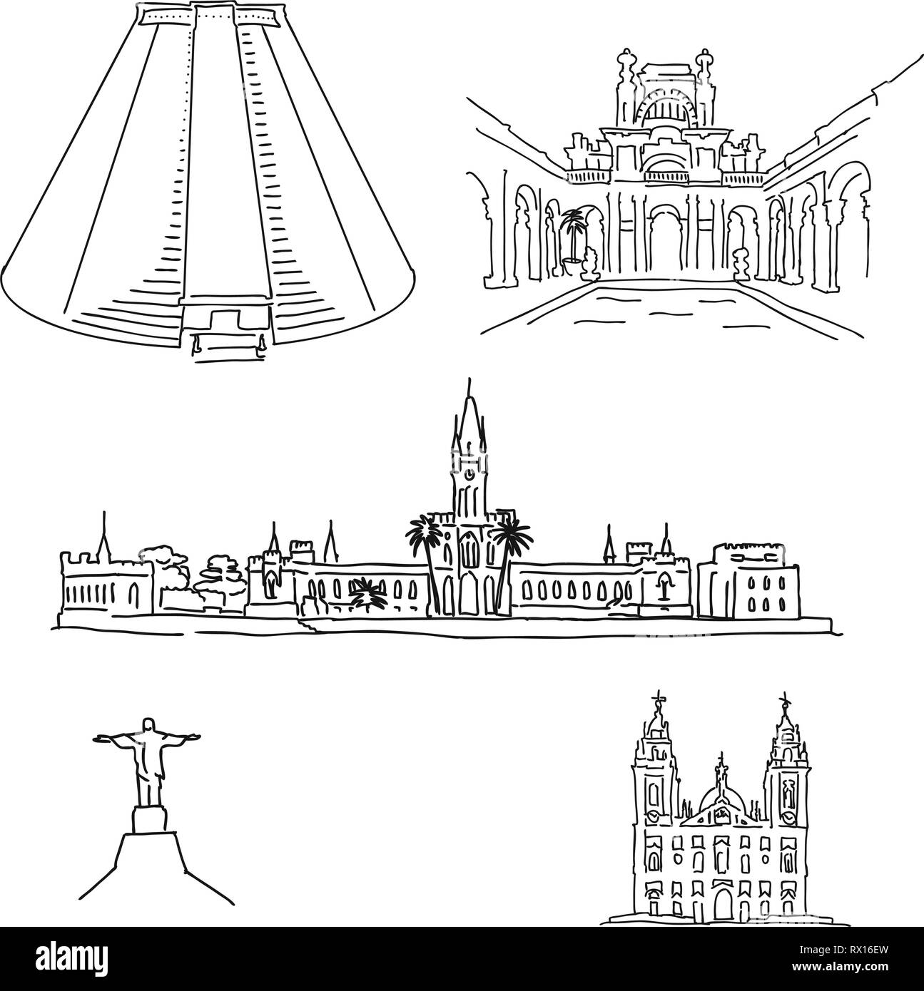 Rio de Janeiro célèbre architecture dessins. Haute qualité à la main contour vectoriel croquis vecteur. Illustration de Vecteur