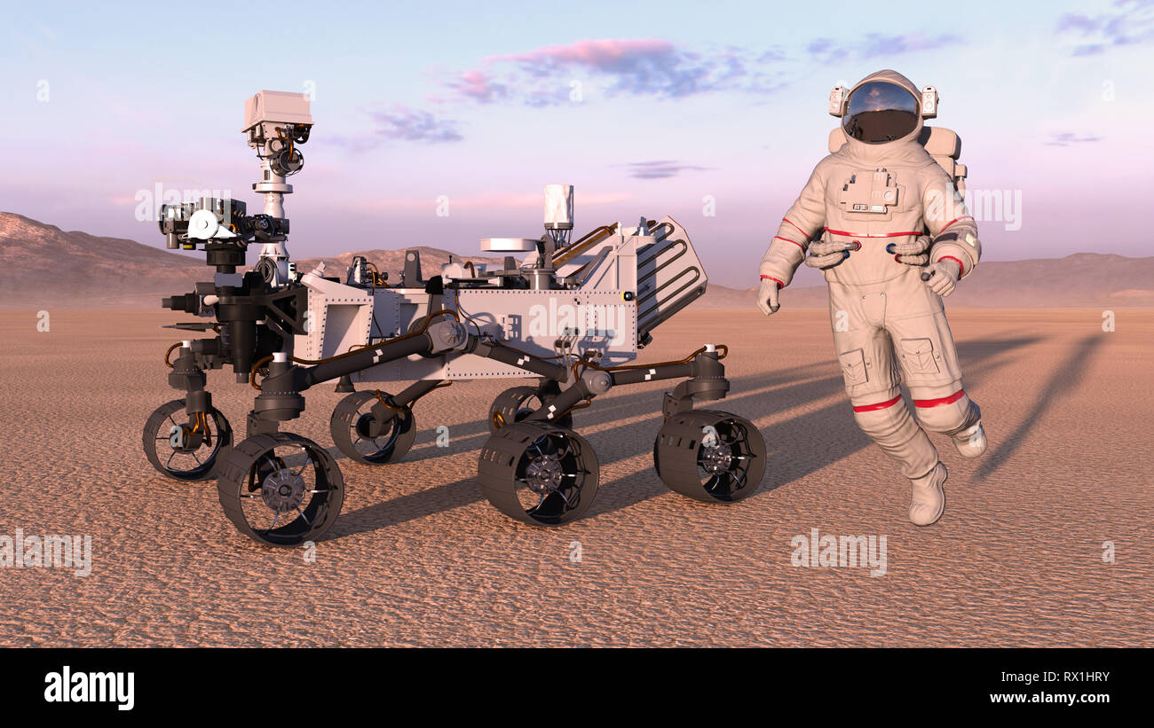 Mars Rover avec l'astronaute, cosmonaute russe sauter à côté de l'espace robotique véhicule autonome sur une planète déserte, 3D Rendering Banque D'Images