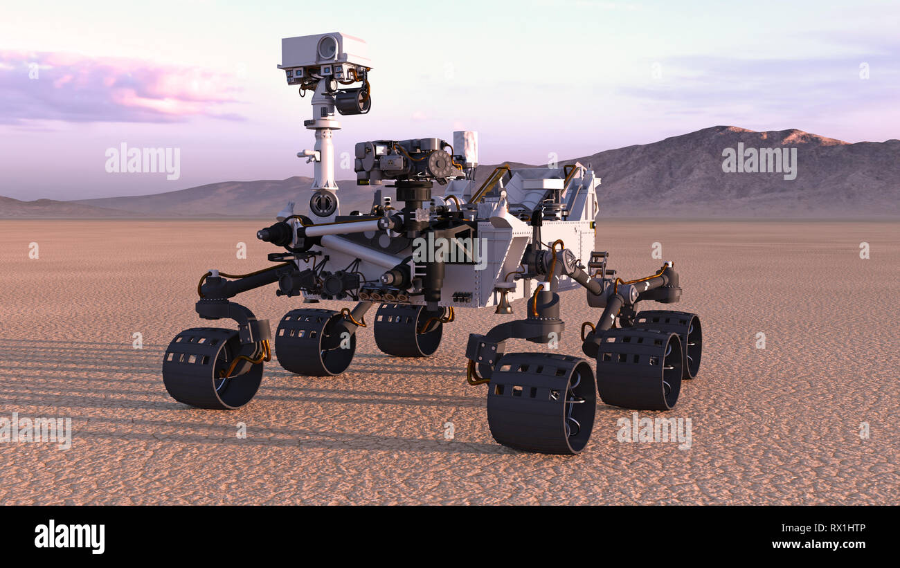 Mars Rover, robotique autonome sur un véhicule de l'espace planète déserte avec montagnes en arrière-plan, rendu 3D Banque D'Images