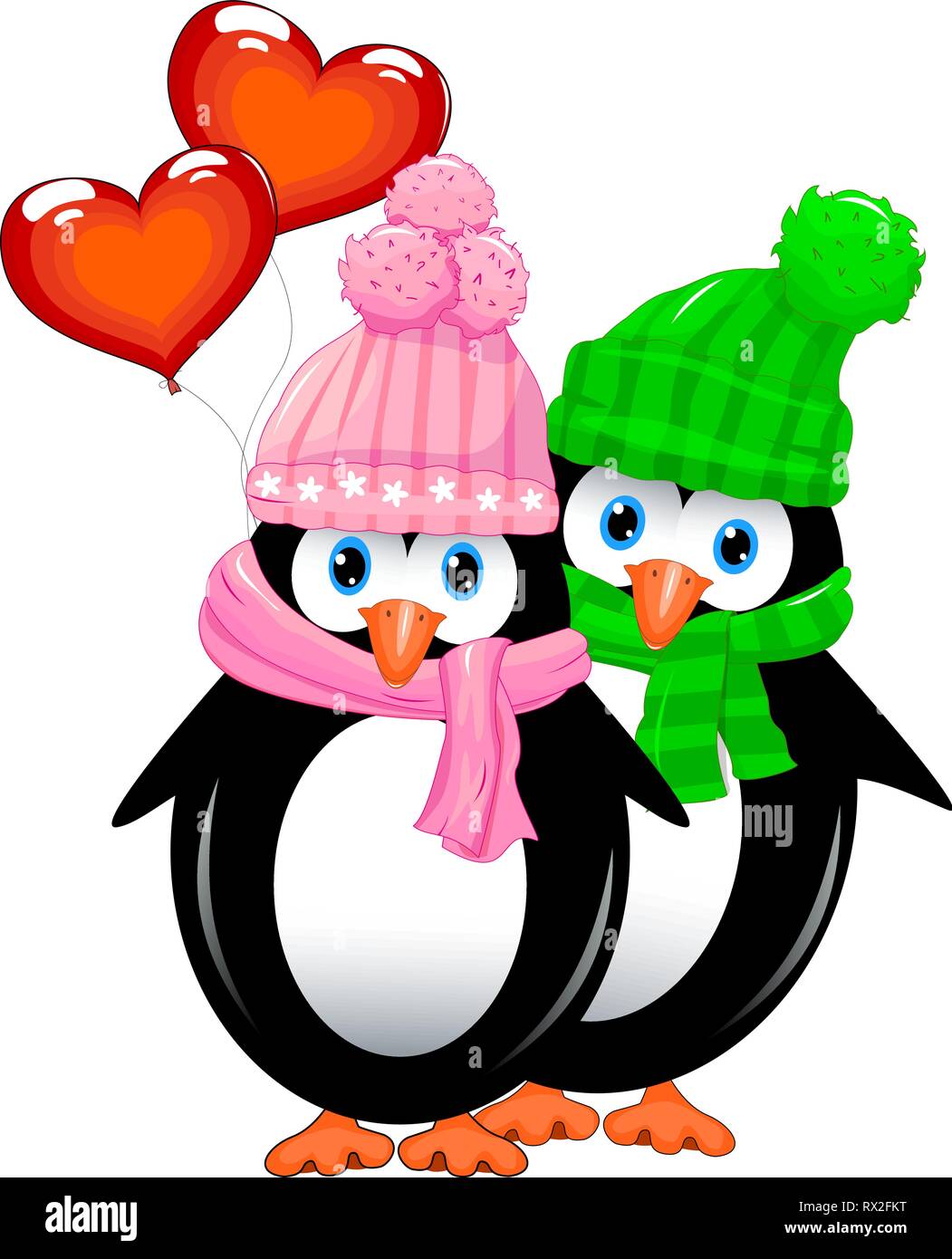 Deux pingouins avec des ballons en forme de coeur. Pingouins sur un fond blanc. Illustration de Vecteur