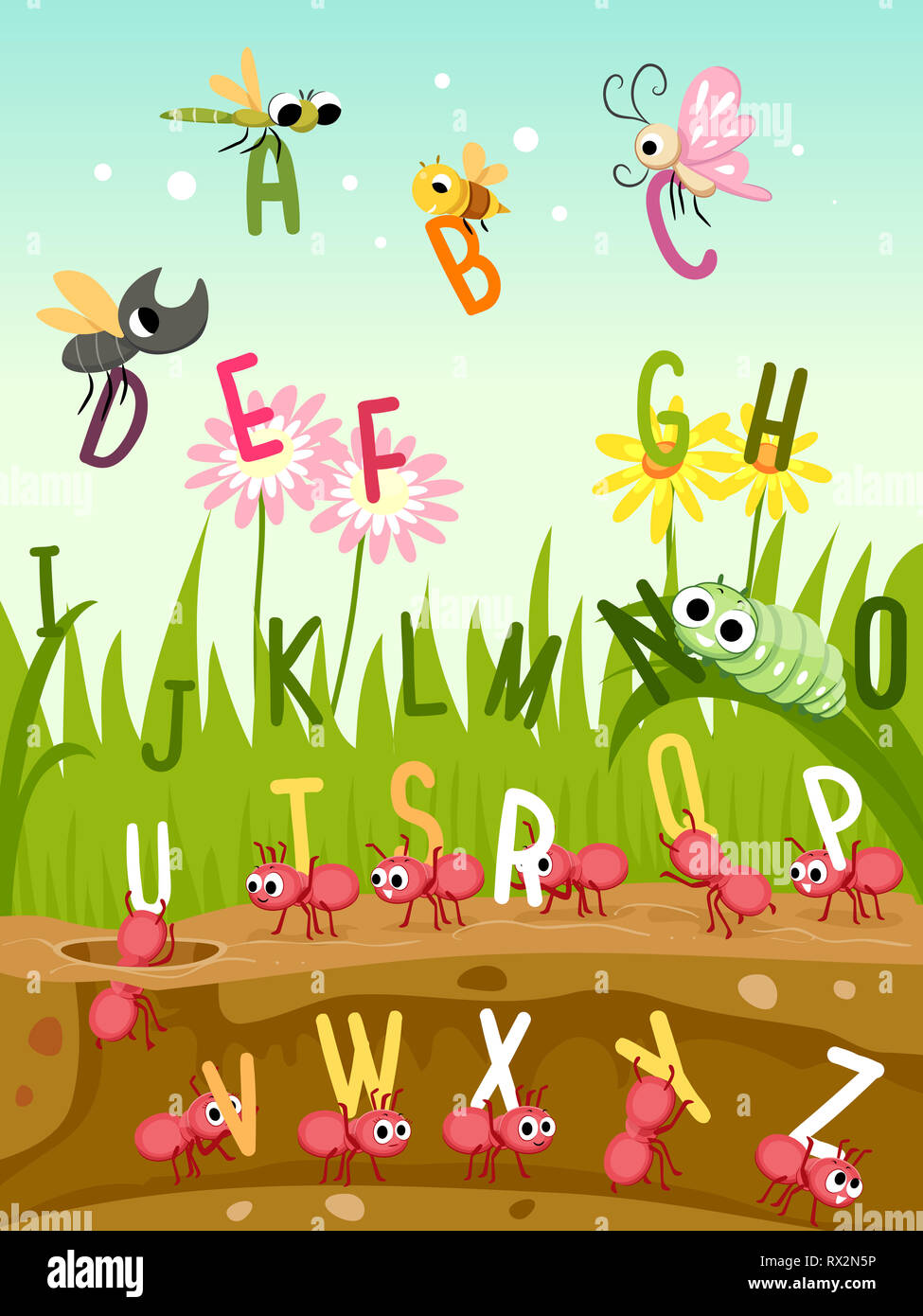 Illustration des différents types d'insectes comme libellule, Papillon, Abeille, Coccinelle, fourmis et Caterpillar avec l'alphabet Banque D'Images