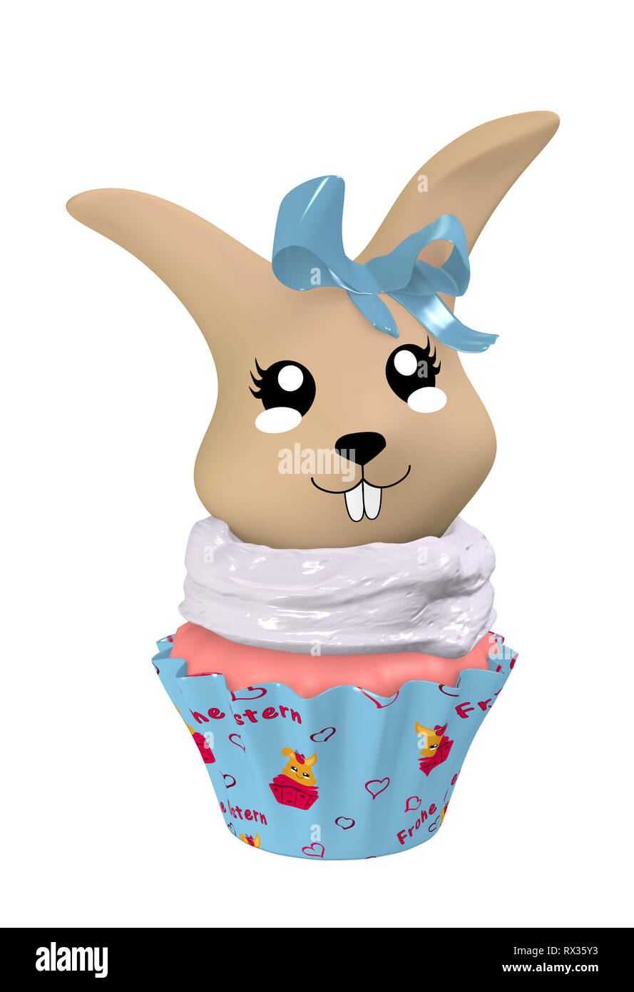 Cupcake Kawaii 3d avec cute bunny et blue bow. Isolé sur blanc. Le rendu 3D Banque D'Images
