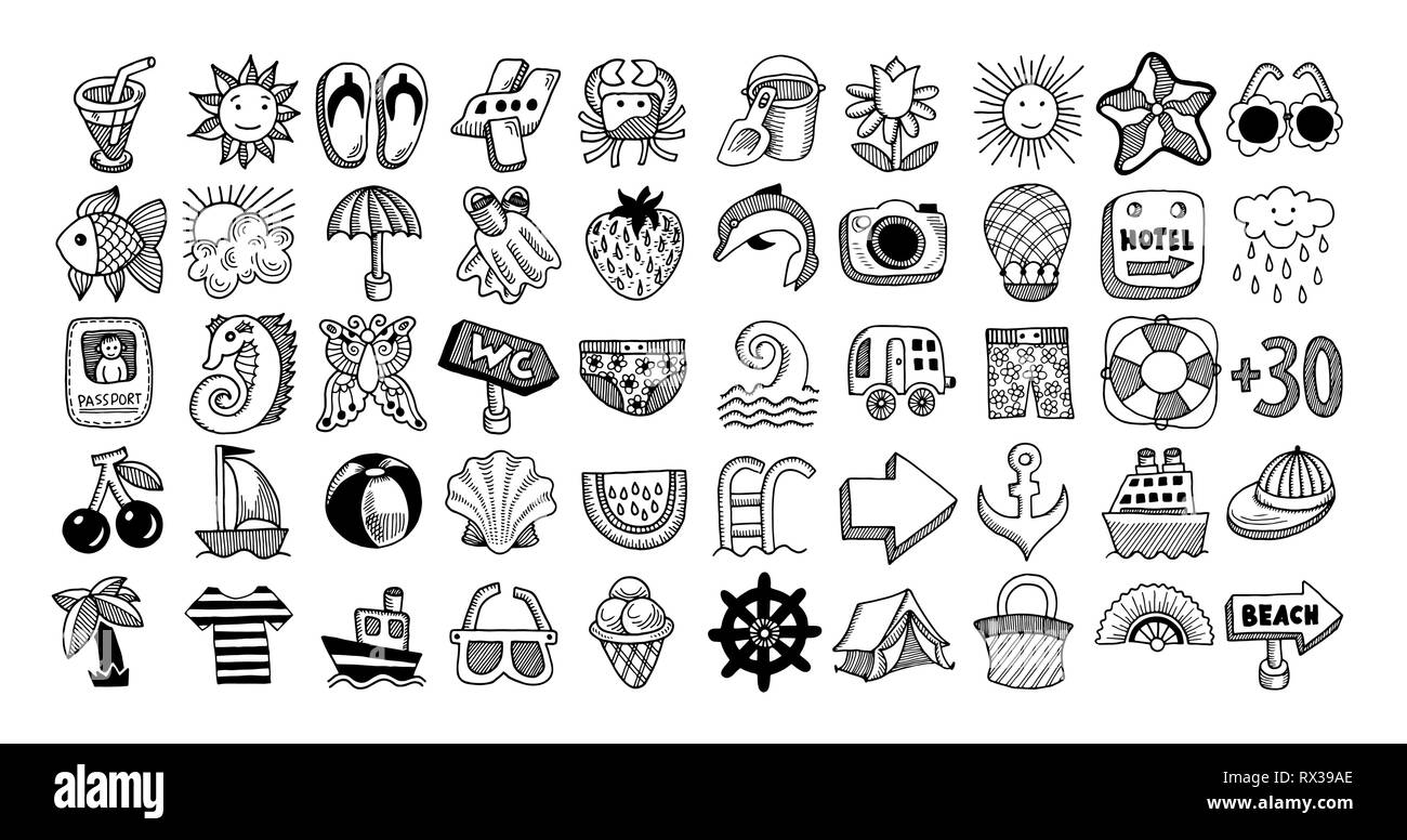 Croquis 50 icon set de l'été Illustration de Vecteur