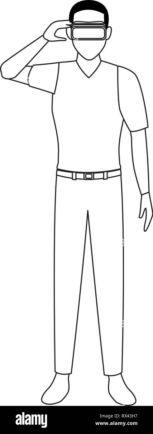 L'homme à l'aide de lunettes de réalité virtuelle en noir et blanc Illustration de Vecteur