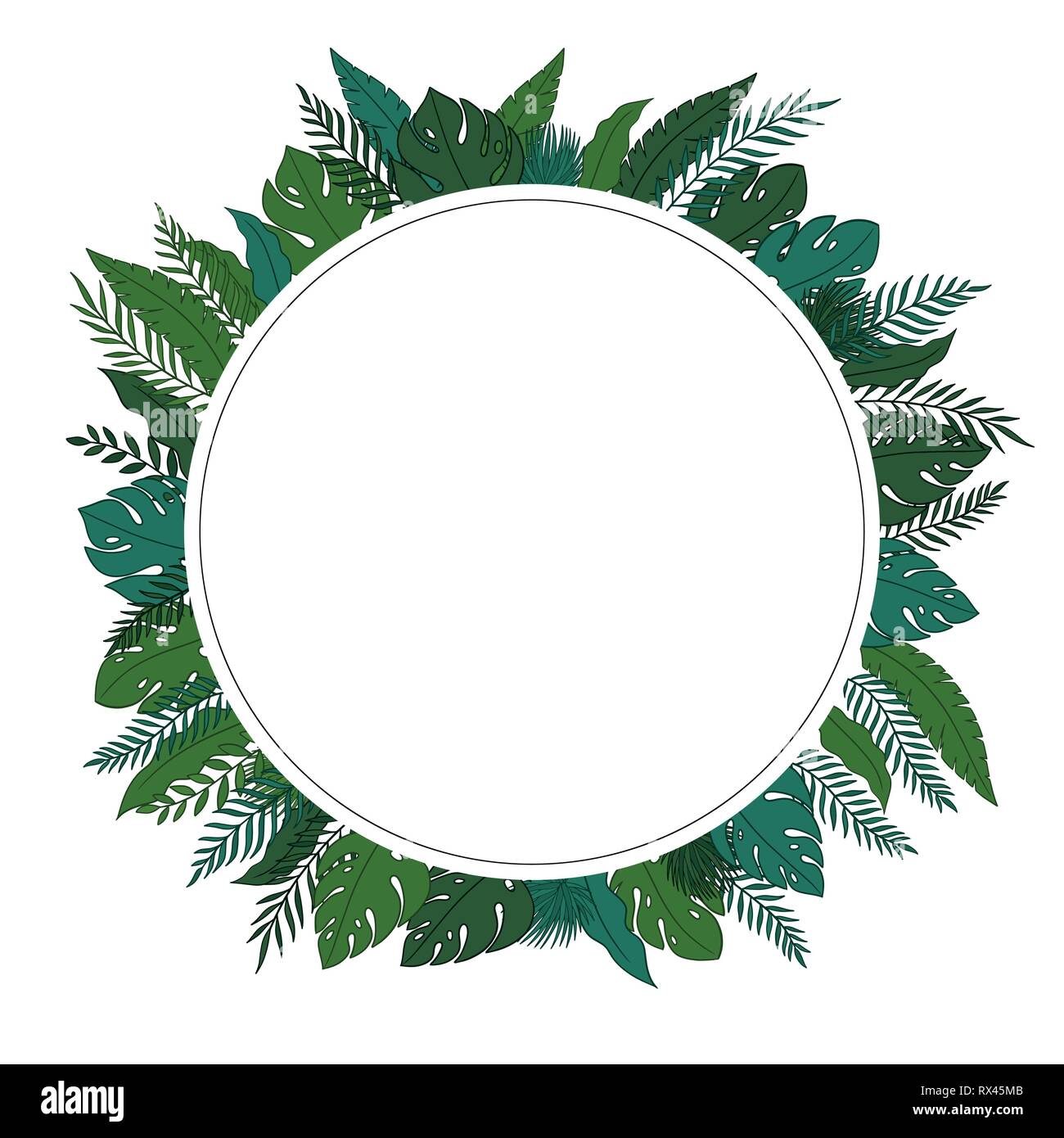 Jungle tropicale quitte bord avec un cercle vide de l'espace pour un texte, logo, ou des conceptions de produits. Vue de dessus. Hand drawn vector illustration. Illustration de Vecteur