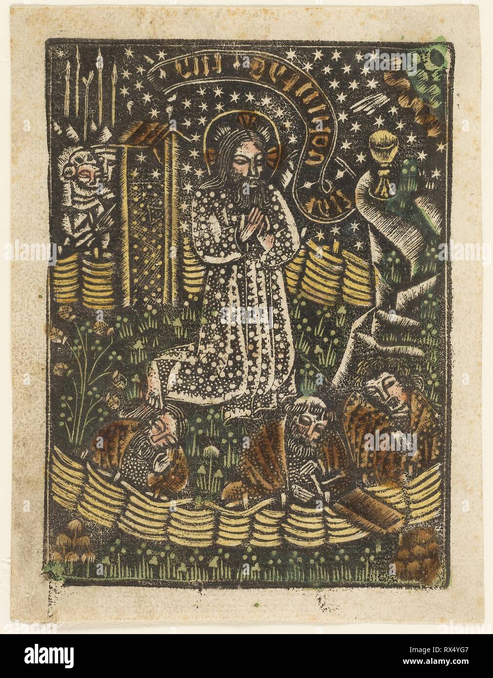 Le Christ au Jardin de Gethsémani. Artiste inconnu ; bavarois, 15ème siècle. Date : 1460-1465. Dimensions : 100 × 75 mm (plaque) ; 105 × 80 mm (feuille). Metalcut colorée à la main en noir avec le pinceau et aquarelle en jaune, brun-rouge, vert et le lac, sur papier vergé ivoire, avec texte manuscrit à la plume et encre brune au verso. Origine : Allemagne. Musée : le Chicago Art Institute. Banque D'Images