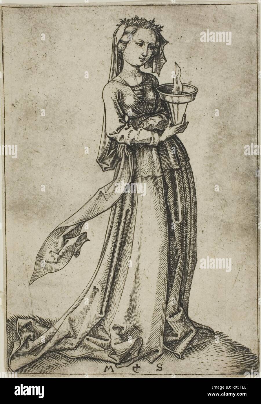La quatrième vierge sage. Martin Schongauer ; allemand, c. 1450-1491. Date : 1450-1491. Dimensions : 122 × 84 mm. Gravure sur papier. Origine : Allemagne. Musée : le Chicago Art Institute. Banque D'Images