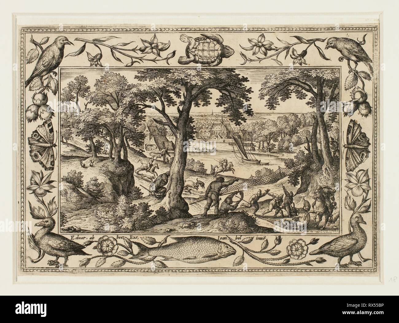 Chasse au sanglier, de paysages avec des scènes de l'Ancien et du Nouveau Testament et des scènes de chasse. Adriaen Collaert (flamand), ch. 1560-1618) ; après Hans Bol (flamand, 1535-1593) ; publié par Anna van Hoeswinckel (flamand). Date : 1584. Dimensions : 143 × 200 mm (image/soutien primaire, parés à l'intérieur d'une plaque marque) ; 176 × 238 mm (support secondaire). Gravure en noir sur papier vergé crème, fixées sur papier vergé crème. Origine : la Flandre. Musée : le Chicago Art Institute. Auteur : Adriaen Collaert. II Banque D'Images