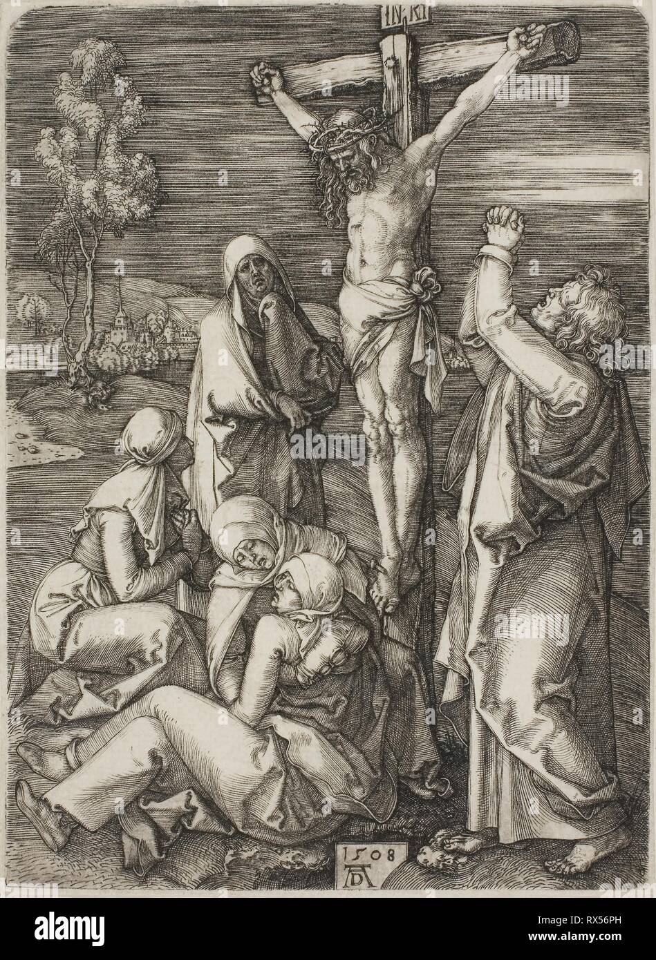 Crucifixion. Albrecht Dürer, allemand, 1471-1528. Date : 1508. Dimensions : 133 x 97 mm (image/plaque) ; 135 x 98 mm (feuille). Gravure en noir sur papier vergé ivoire. Origine : Allemagne. Musée : le Chicago Art Institute. Banque D'Images