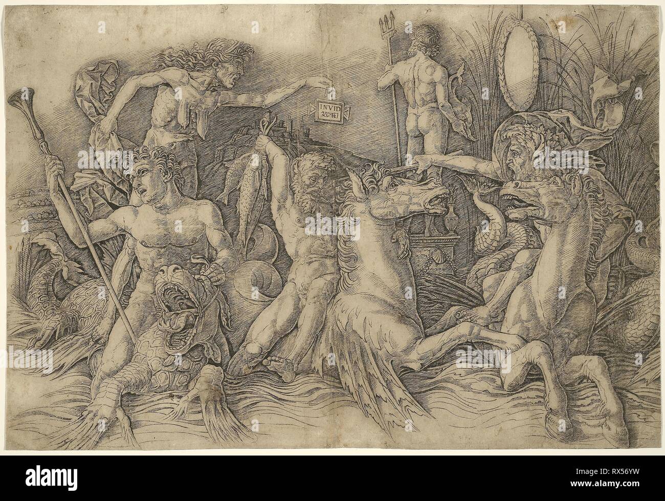 Bataille d'Sea-Gods, moitié gauche d'une frise. Andrea Mantegna, italien, 1431-1506. Date : 1465-1505. Dimensions : 283 × 415 mm. Gravure en noir sur papier vergé ivoire, décolorées à brun grisâtre. Origine : Italie. Musée : le Chicago Art Institute. Banque D'Images