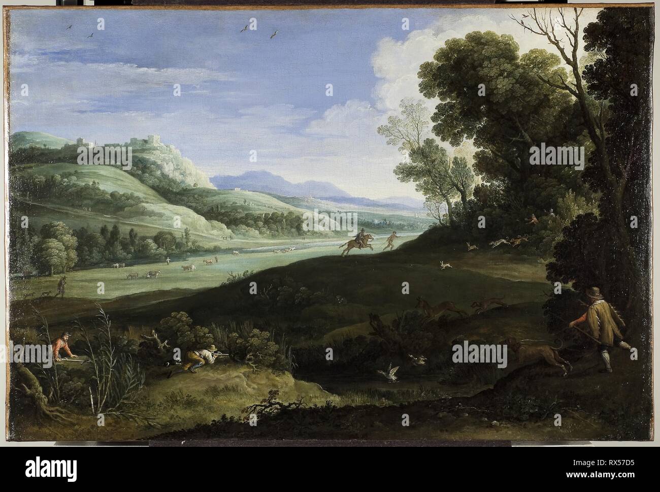 Paysage aux chasseurs. Paul Bril, flamand, 1553/54-1626. Date : 1619. Dimensions : 23 × 34 5/8 po 5/8 po. (60 × 88 cm). Huile sur toile. Origine : la Flandre. Musée : le Chicago Art Institute. Banque D'Images