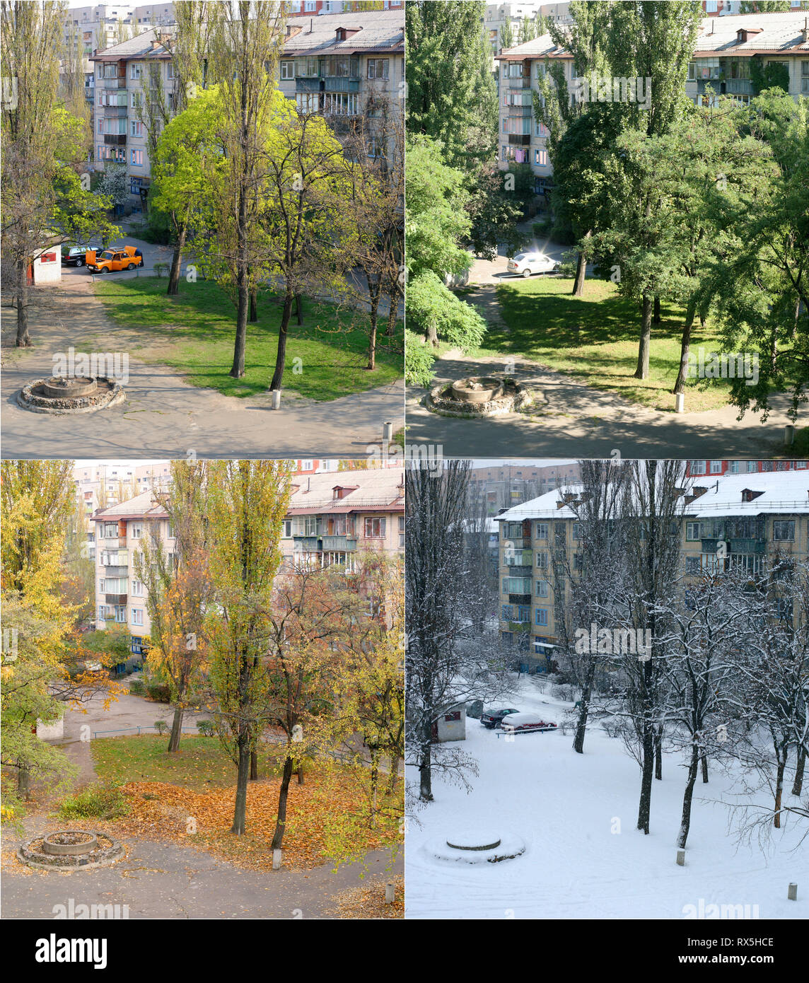 Quatre saisons. Quatre photos ont été prises à l'endroit même de paysage urbain à différentes saisons. Banque D'Images