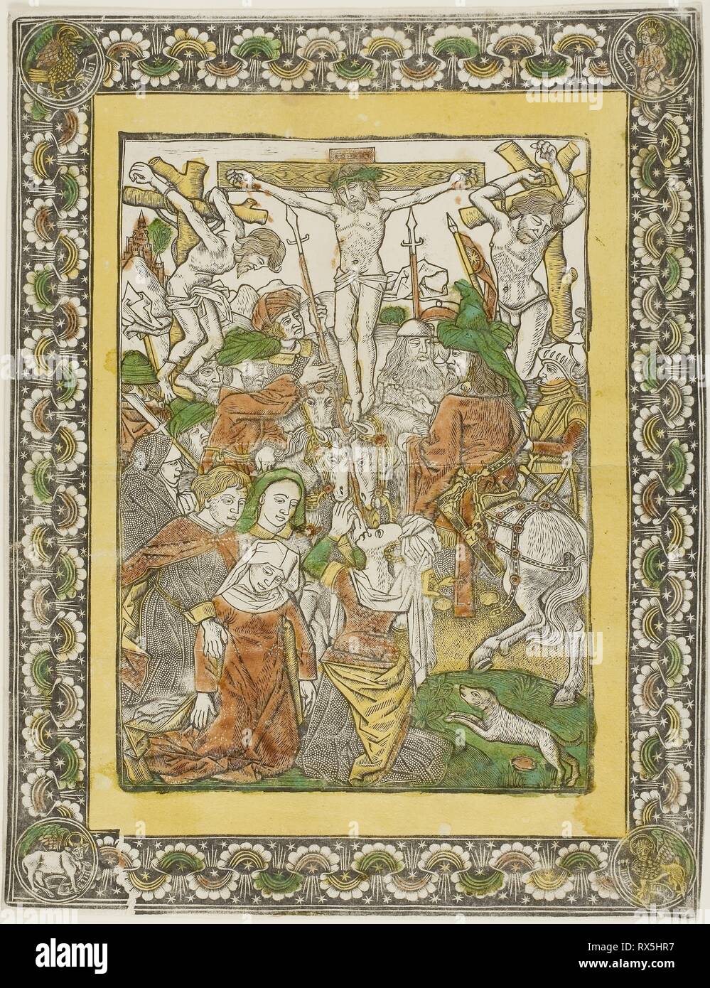 La Crucifixion. Artiste inconnu, l'allemand, 15e siècle. Date : 1470-1480. Dimensions : 322 x 250 mm. Metalcut de deux plaques en noir colorié à la main sur papier vergé ivoire. Origine : Allemagne. Musée : le Chicago Art Institute. Banque D'Images
