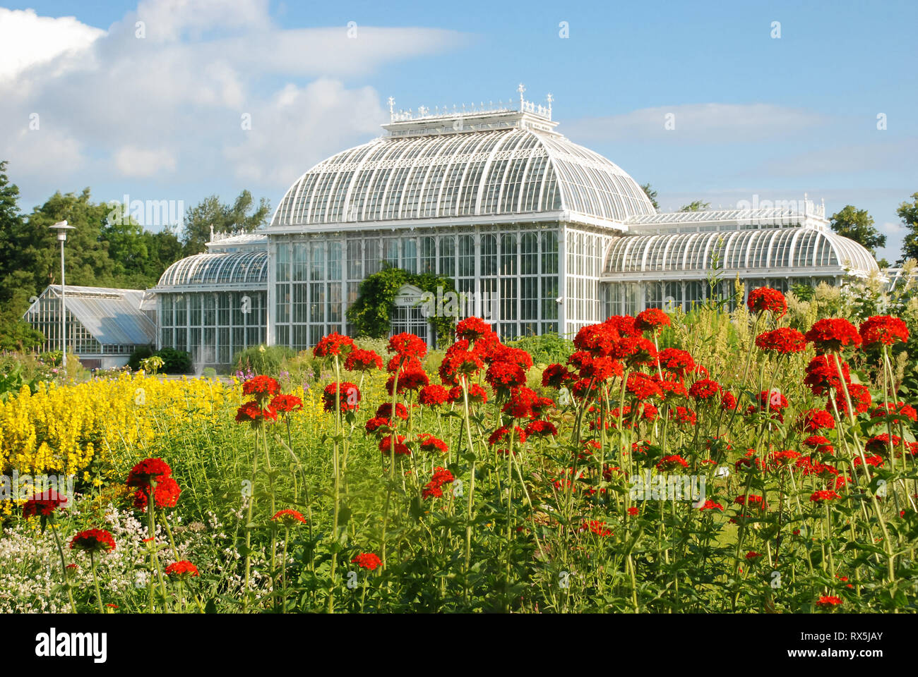 Le Jardin botanique de Kaisaniemi avec une serre et des fleurs colorées à Helsinki, Finlande, Europe. Jardins botaniques de l'Université d'Helsinki. Banque D'Images