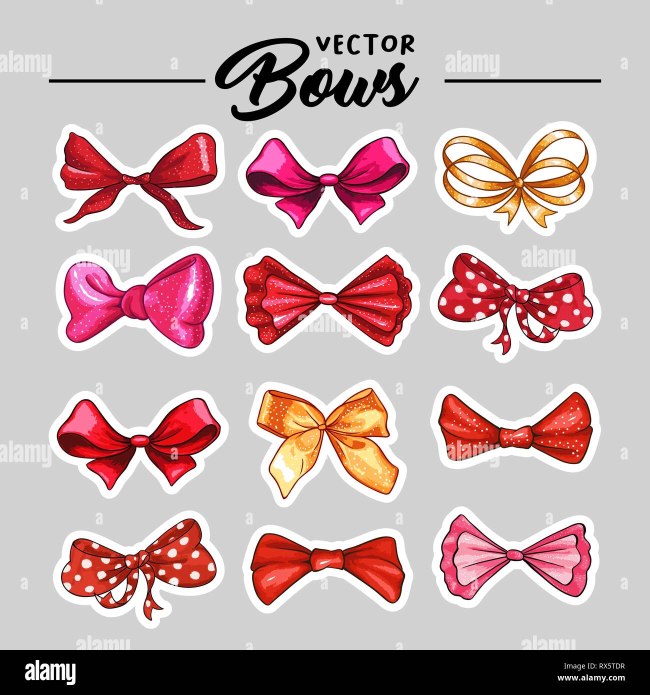 Arc hand drawn vector illustrations autocollants set. Patch rouge réaliste, Golden, rose et ruban violet noeuds dessin. Bowknot cliparts. Accessoires de cheveux. Le filtre couleur isolé. Conception de cartes de souhaits Illustration de Vecteur