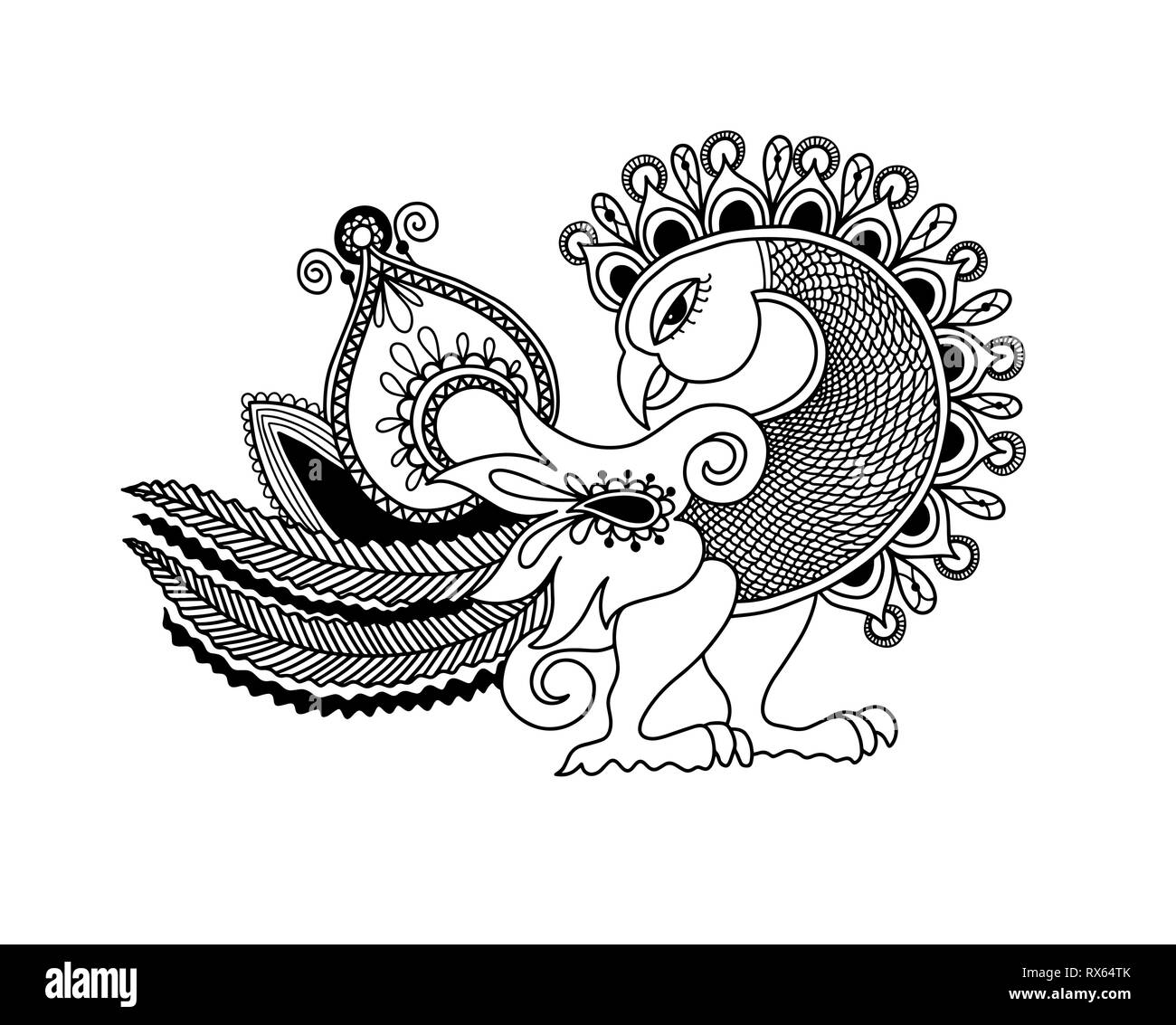Croquis dessin à la main de paisley peacock bird, tradition indienne kalamkari Illustration de Vecteur