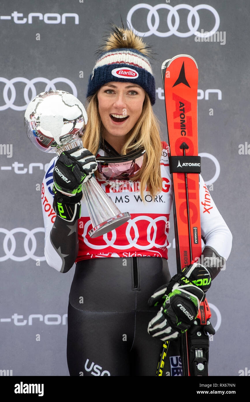 Spindleruv Mlyn, République tchèque. 05Th Mar, 2019. US Mikaela Shiffrin (troisième place) est vu sur le podium après l'épreuve de la Coupe du Monde de ski alpin (slalom géant) des femmes dans Spindleruv Mlyn, République tchèque, le 8 mars 2019. Photo : CTK/Tanecek Photo/Alamy Live News Banque D'Images