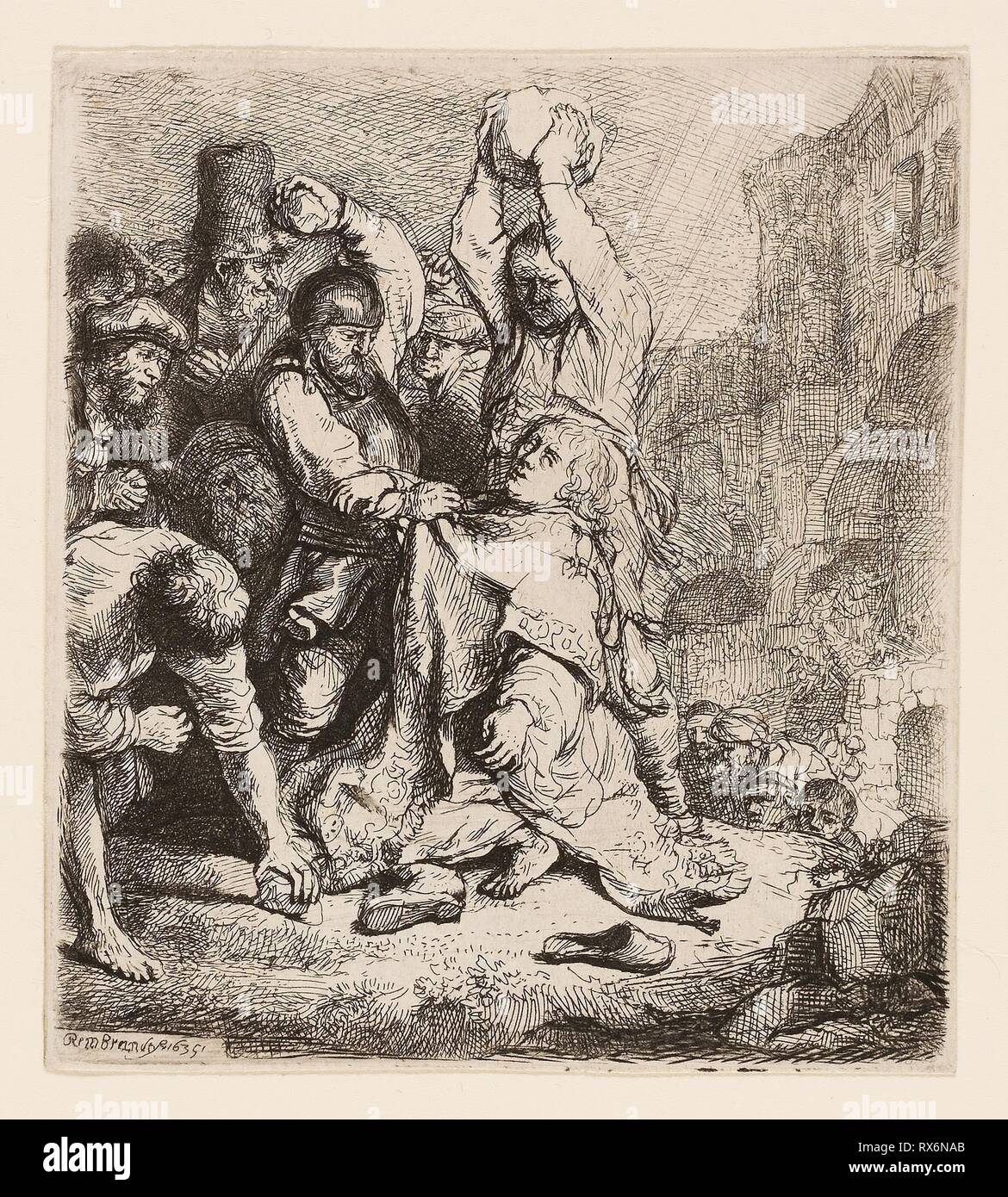 La lapidation de saint Étienne. Rembrandt van Rijn, néerlandais, 1606-1669. Date : 1635. Dimensions : 95 x 85 mm (image/plaque) ; 97 x 87 mm (feuille). Gravure sur papier vergé ivoire. Origine : Pays-Bas. Musée : le Chicago Art Institute. Auteur : Rembrandt Harmenszoon van Rijn. Banque D'Images