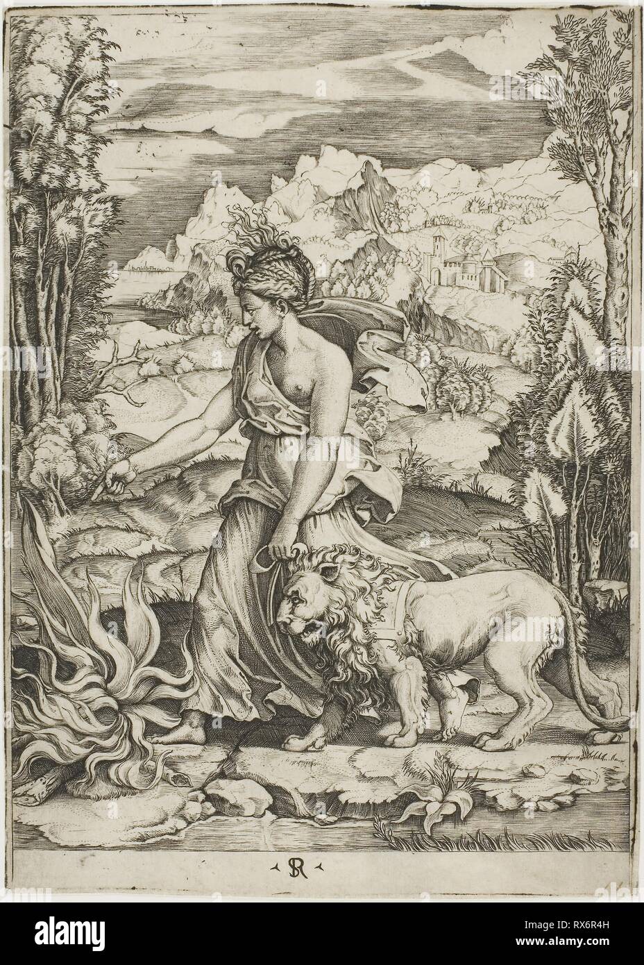 Courage. Marco Dente da Ravenna (Italien, actif 1515-1527) ; après Giulio Pippi Giulio Romano, appelé (Italien), ch. 1499-1546). Date : 1511-1526. Dimensions : 261,5 x 187 mm. La gravure, imprimé en noir, sur papier. Origine : Italie. Musée : le Chicago Art Institute. Banque D'Images