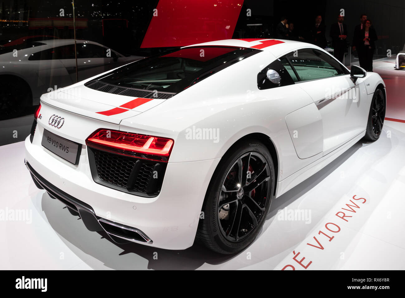 Genève, SUISSE - Le 6 mars 2018 : Audi R8 V10 voiture de sport RWS présentées lors de la 88e Salon International de l'Automobile de Genève. Banque D'Images