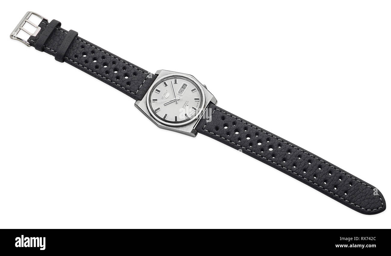 Seiko 5 automatique 21 rubis watch à partir des années 1970 avec bracelet en cuir nouveau ajouté Banque D'Images