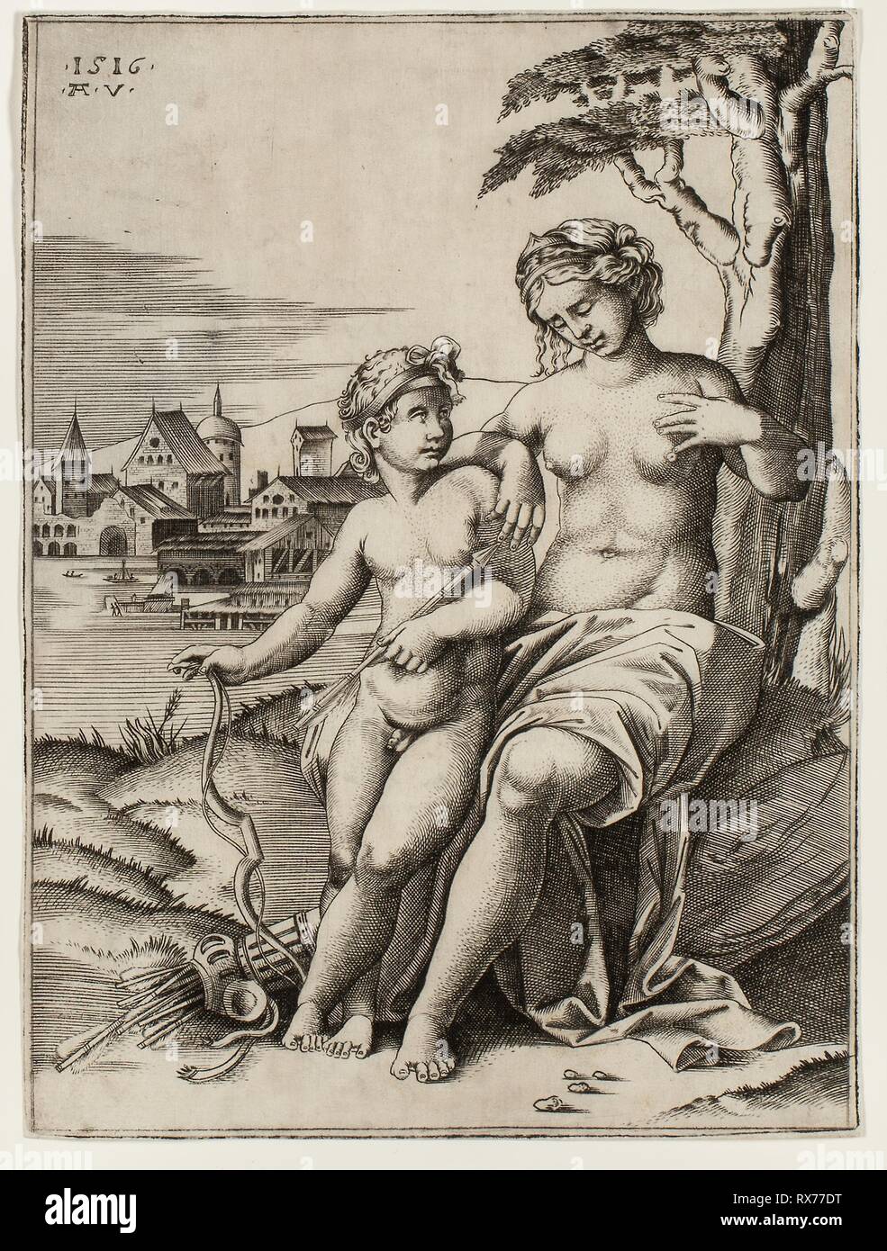 Vénus blessée par Cupid's Dart. Agostino Veneziano (italien, 1514-1536) ; active après Raffaello Sanzio, appelé Raphael (italien, 1483-1520). Date : 1516. Dimensions : 181 x 134 mm (image/feuille, parés à l'intérieur d'une plaque d'interrogation). Gravure en noir sur papier vergé crème. Origine : Italie. Musée : le Chicago Art Institute. Banque D'Images