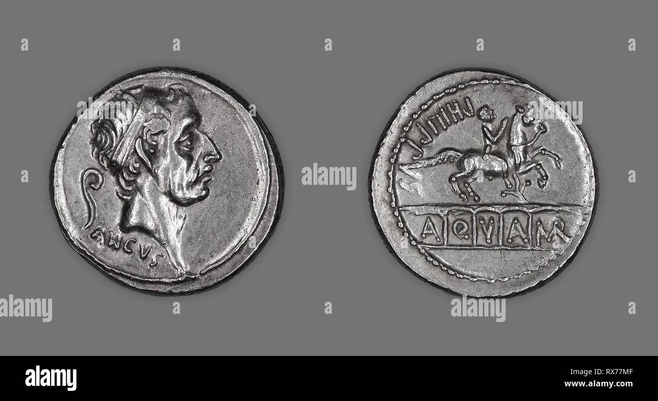 Monnaie D Or De La Rome Antique 6 Lettres Denier (pièce de monnaie) représentant le roi Ancus Marcius. Roman, frappé  à Rome. Date : 56 BC. Dimensions : diam. 1,8 cm ; 4,19 g. L'argent. Origine  : Empire romain. Musée :