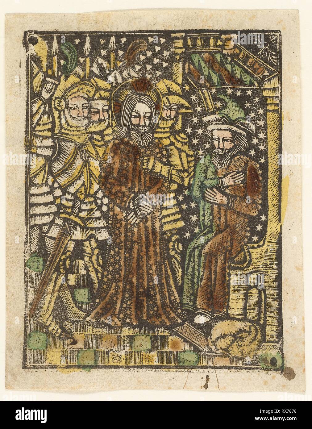 Le Christ avant d'Annas. Artiste inconnu ; bavarois, 15ème siècle. Date : 1460-1465. Dimensions : 100 × 75 mm (plaque) ; 105 × 80 mm (feuille). Metalcut colorée à la main en noir avec le pinceau et aquarelle en jaune, brun-rouge, vert et le lac, sur papier vergé ivoire, avec texte manuscrit à la plume et encre brune au verso. Origine : Allemagne. Musée : le Chicago Art Institute. Banque D'Images