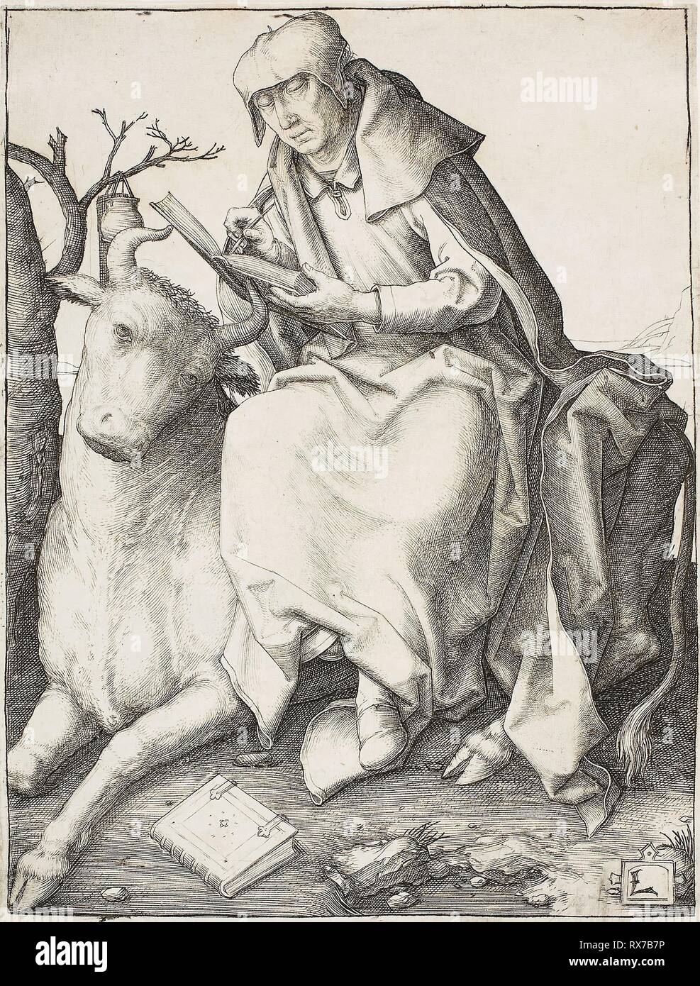 Saint Luc. Lucas van Leyden, Russisch ; 1494-1533. Date : 1503-1513. Dimensions : 116 x 88 mm (image) ; 118 x 88 mm (plaque) ; 118 x 90 mm (feuille). Gravure en noir sur papier. Origine : Pays-Bas. Musée : le Chicago Art Institute. Banque D'Images