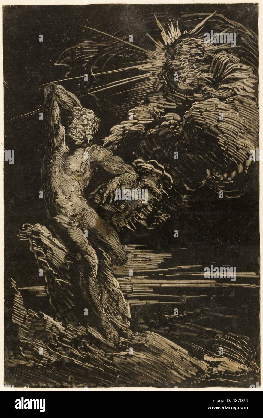 La création d'Adam. Giovanni Benedetto Castiglione, italien, 1609-1664. Date : 1637-1647. Dimensions : 303 × 203 mm. Monotype (manière noire) en noir sur papier vergé ivoire. Origine : Italie. Musée : le Chicago Art Institute. Banque D'Images